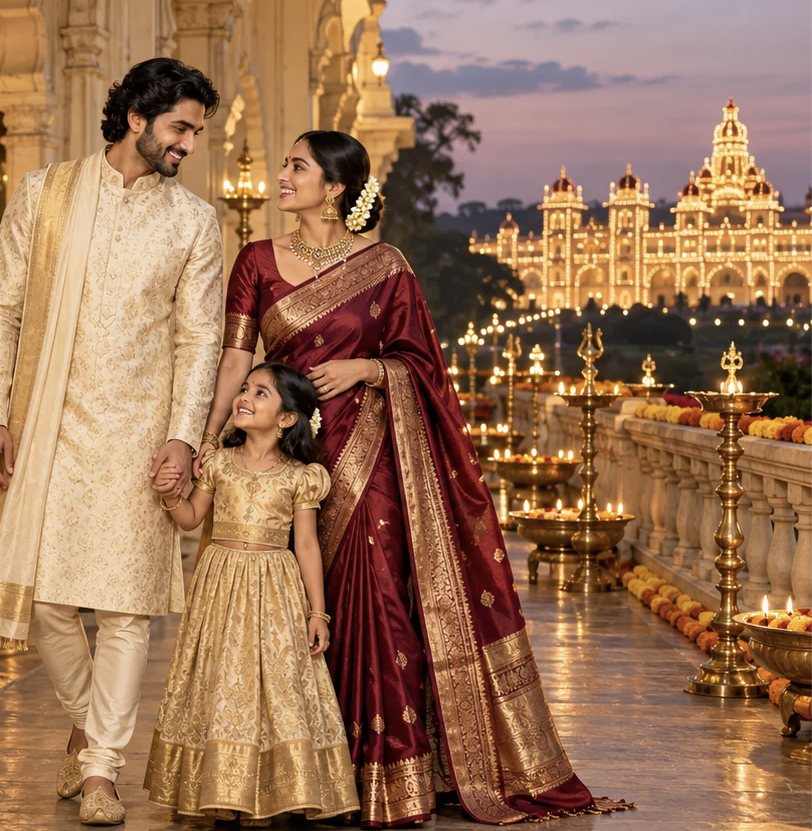 Family in silk before the lit Mysuru palace
