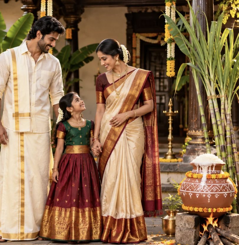 Family in silk veshti and saree celebrating Pongal