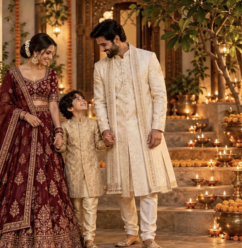 Family in festive wear among diyas