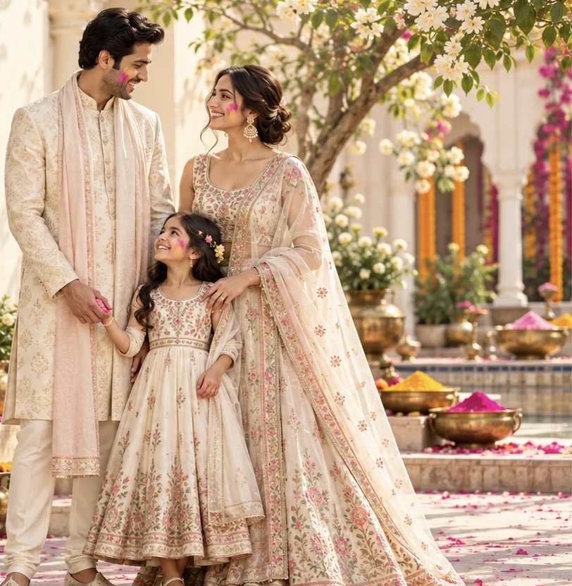 Family in pastel ethnic wear celebrating Holi