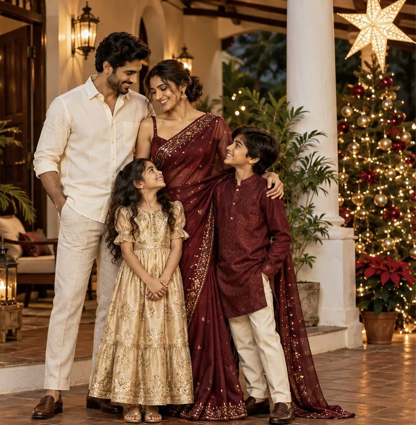 Family at a Goan home by a Christmas tree