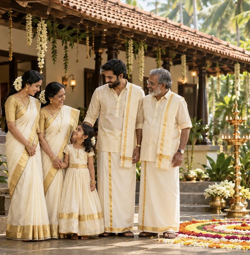 Family in kasavu sarees and mundu for Onam