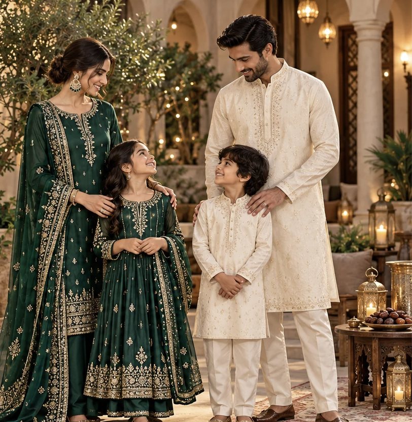 Family in emerald and ivory for a Ramadan evening