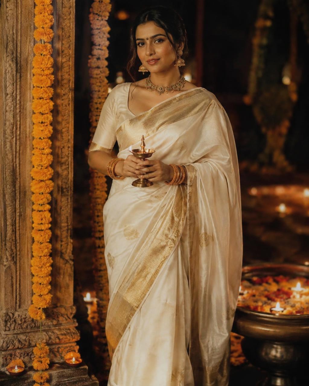 A woman in an ivory and gold saree surrounded by glowing diyas