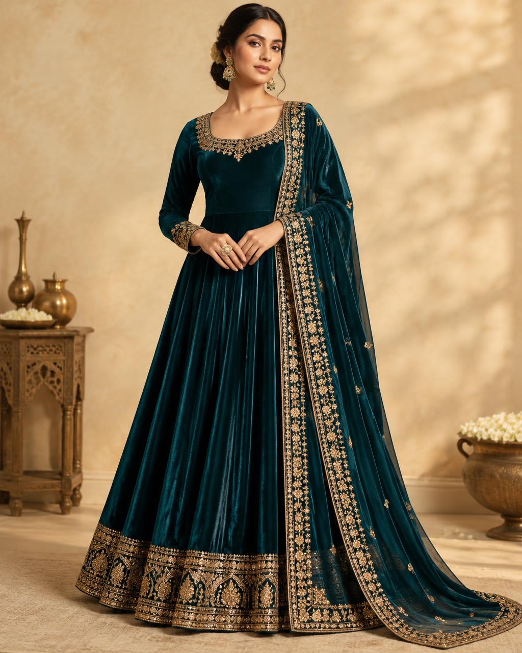 Teal Velvet Anarkali